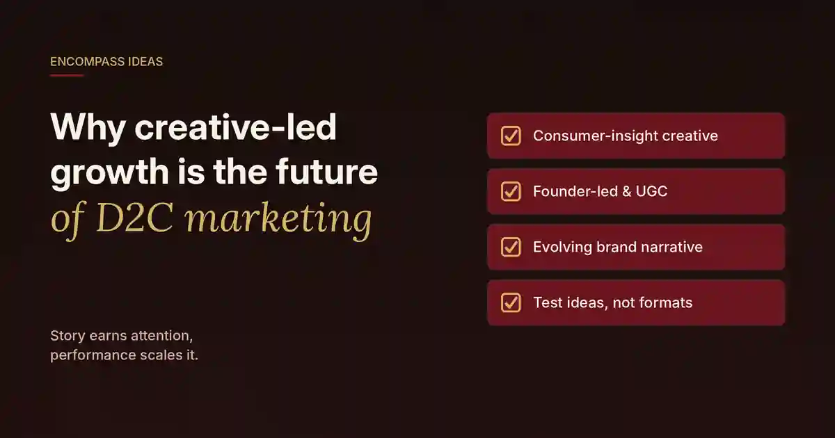 Encompass Ideas cover: Why creative-led growth is the future of D2C marketing, with four pillars: consumer-insight creative, founder-led and UGC content, an evolving brand narrative and testing ideas.