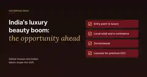 Encompass Ideas cover: India's luxury beauty boom, the opportunity ahead, covering the entry point to luxury, local retail and e-commerce, omnichannel and lessons for premium D2C brands.
