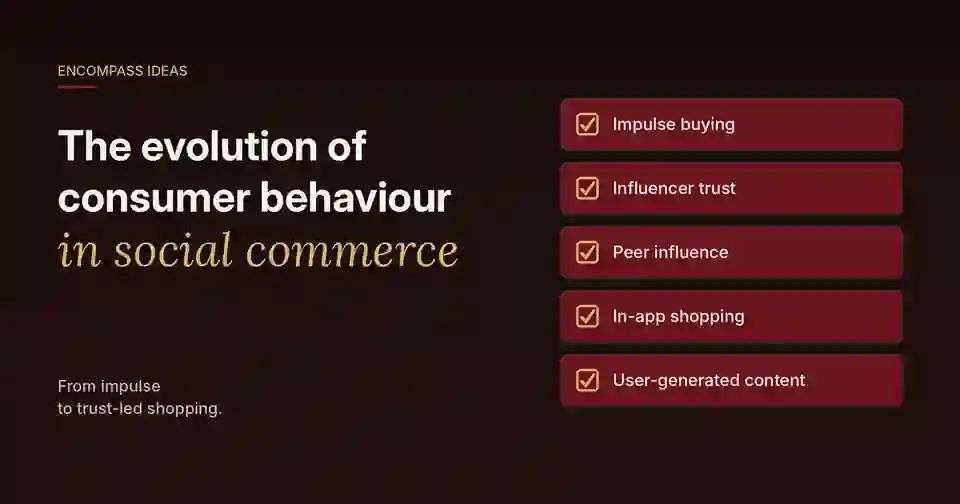 Encompass Ideas cover: The evolution of consumer behaviour in social commerce, covering impulse buying, influencer trust, peer influence, in-app shopping and UGC.