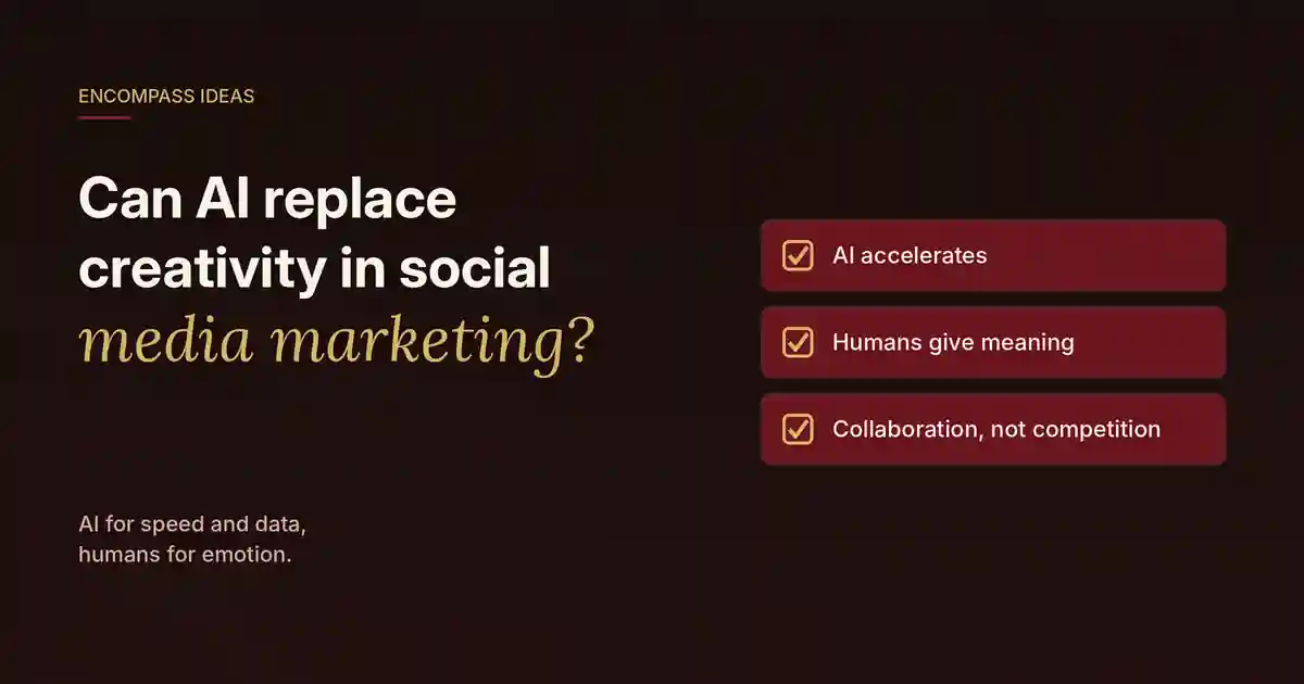 Encompass Ideas cover: Can AI replace creativity in social media marketing? AI accelerates, humans give meaning, and the answer is collaboration, not competition.