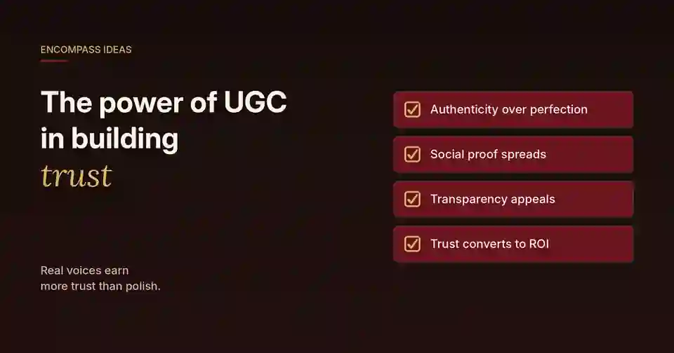 Encompass Ideas cover: The power of UGC in building trust, covering authenticity over perfection, social proof, transparency and trust that converts to ROI.