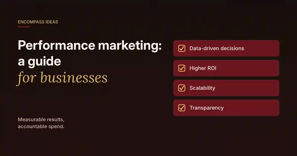 Encompass Ideas cover: Performance marketing, a guide for businesses, with four benefits: data-driven decisions, higher ROI, scalability and transparency.