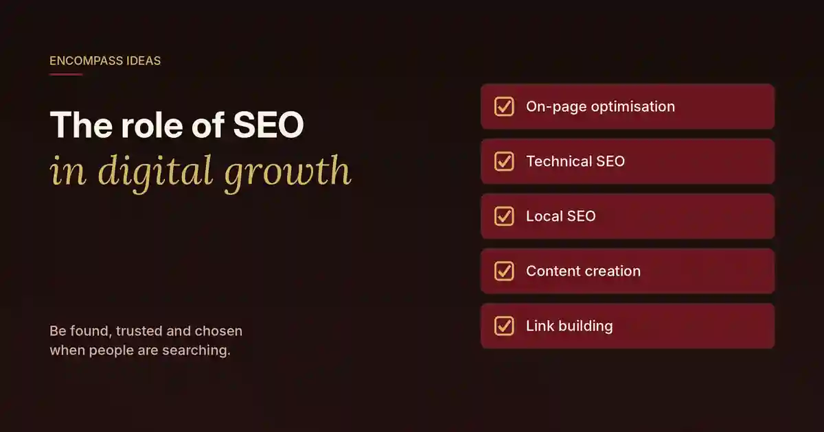 Cover reading "The role of SEO in digital growth" beside a checklist: on-page optimisation, technical SEO, local SEO, content creation, link building.