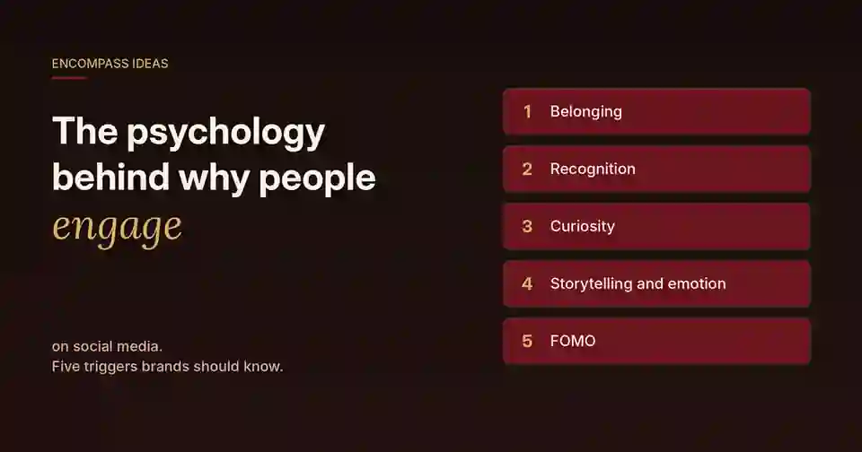 Encompass Ideas cover: The psychology behind why people engage on social media, covering belonging, recognition, curiosity, storytelling and FOMO.