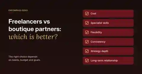 Encompass Ideas cover: Freelancers vs boutique partners, which is better? Comparing cost, specialist skills, flexibility, consistency, strategy depth and long-term relationship.
