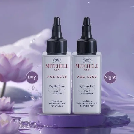 Mitchell USA Age-Less Day and Night hair tonics on a lavender lotus backdrop