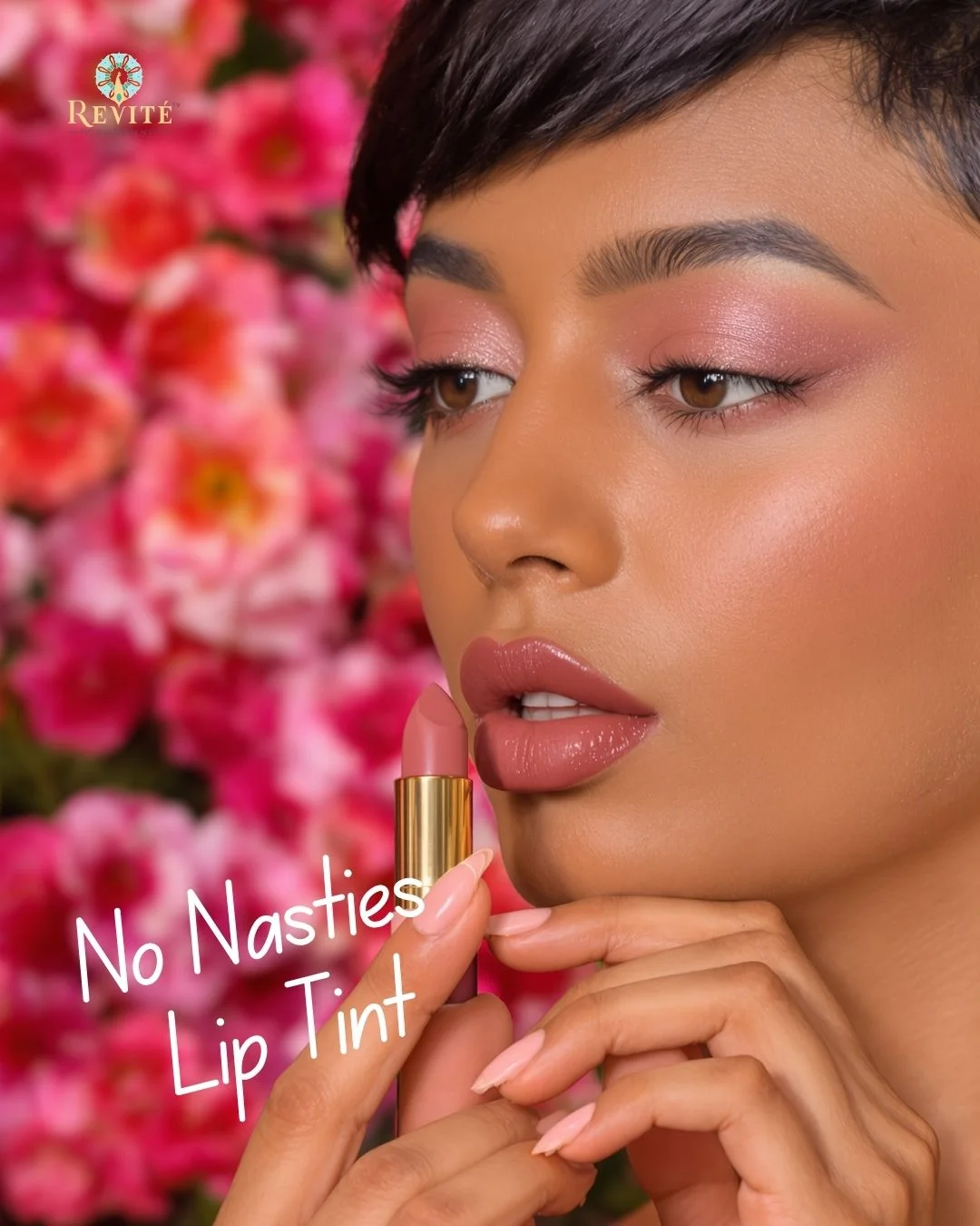 Revité No Nasties Lip Tint — floral beauty portrait with product